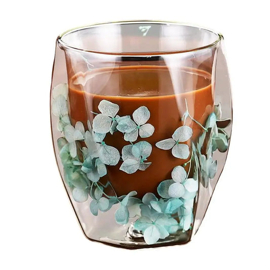Dried Flower Double Wall Clear Glass Coffee Mugs Dried Flower Decorated Coffee Cup Milk Mug Heat Insulation Coffee Cup 350ml
