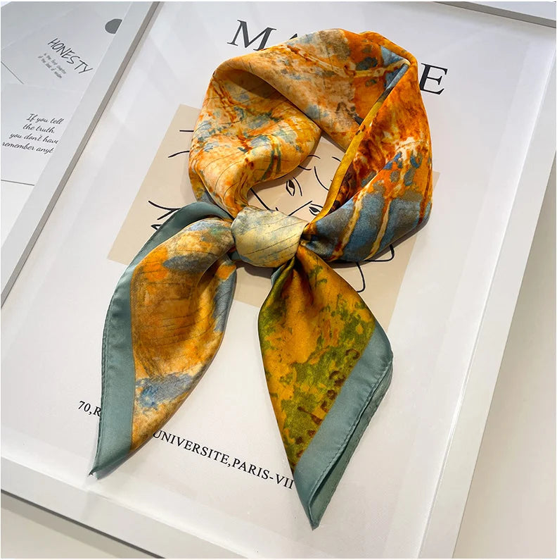 Handkerchiefs Hair Silk Scarf 70*70cm Print Satin Big Square Silk Scarves Shawls For Women Luxury Brand Designer Hijab Headband