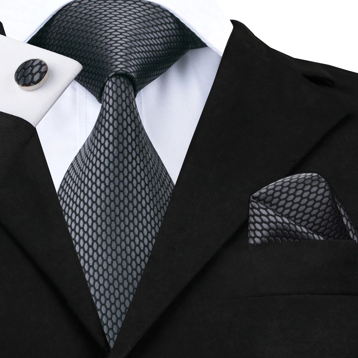 Hi-Tie New Clasic Grey Tie for Men Silk Fabric Jacquard Woven Tie Hanky Cufflinks Set for Men Designer Fashion Silk Ties SN-1466