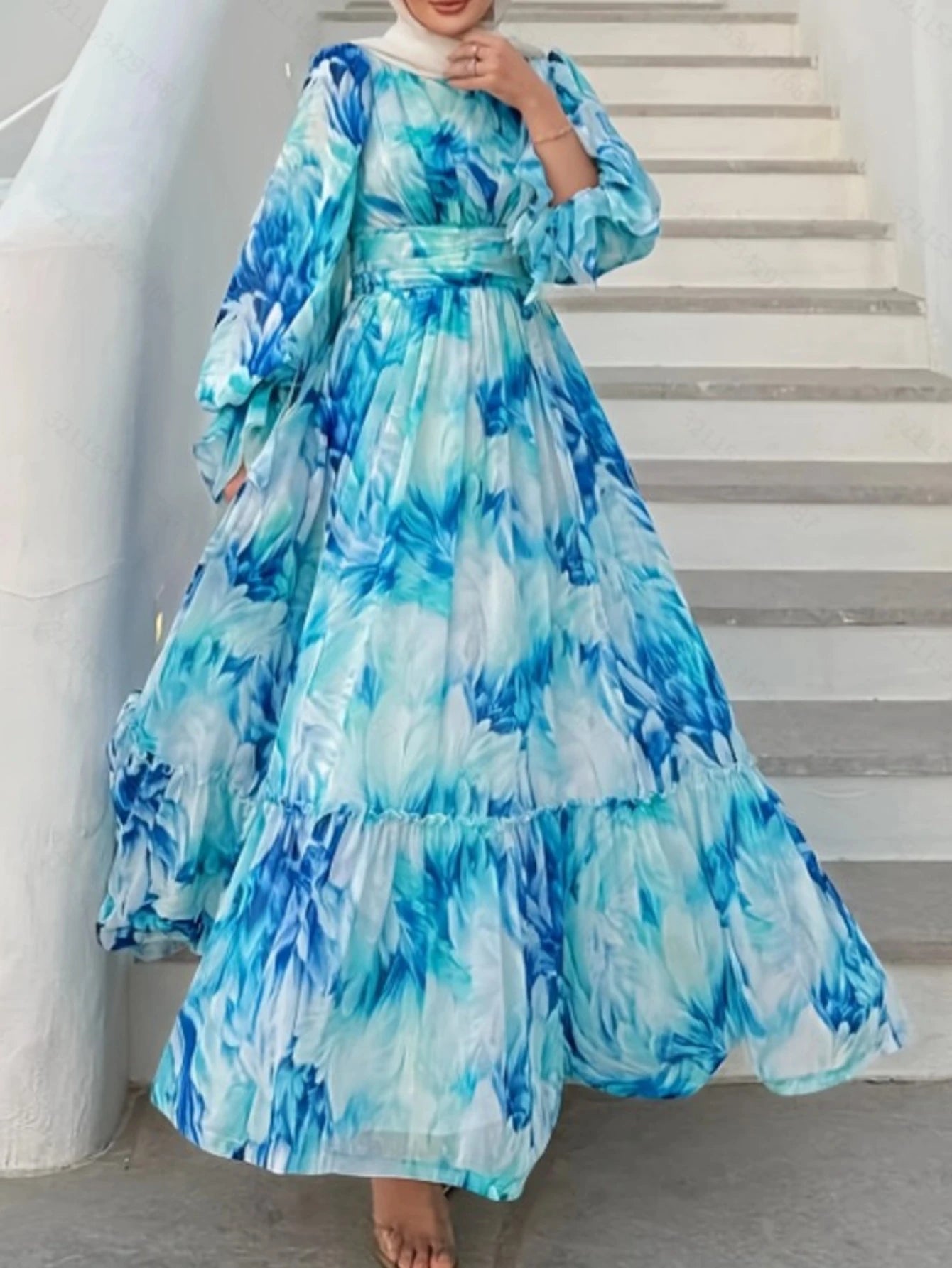 Eid Women Dress Abaya Muslim Boho Tie Dye Print Maxi A-line Ramadan Jalabiya Dubai Long Robe Kaftan Islam Vestidos Largos 2025