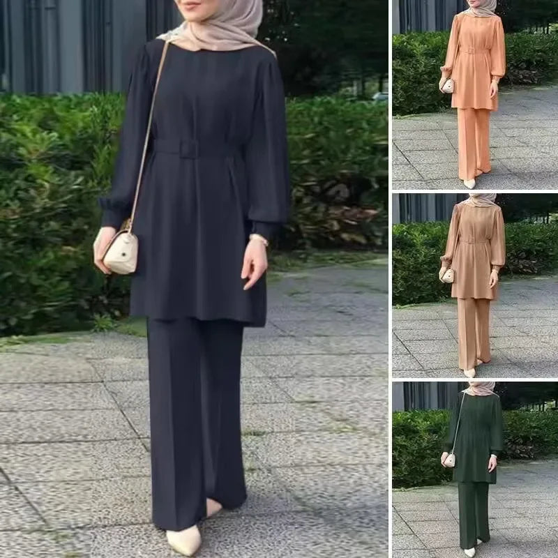Arab Women Eid Muslim Two Pieces Set Lace-up Blouse & Pant Musulman Ensemble Belt Matching Sets Button Shirt Femme Abaya Ramadan