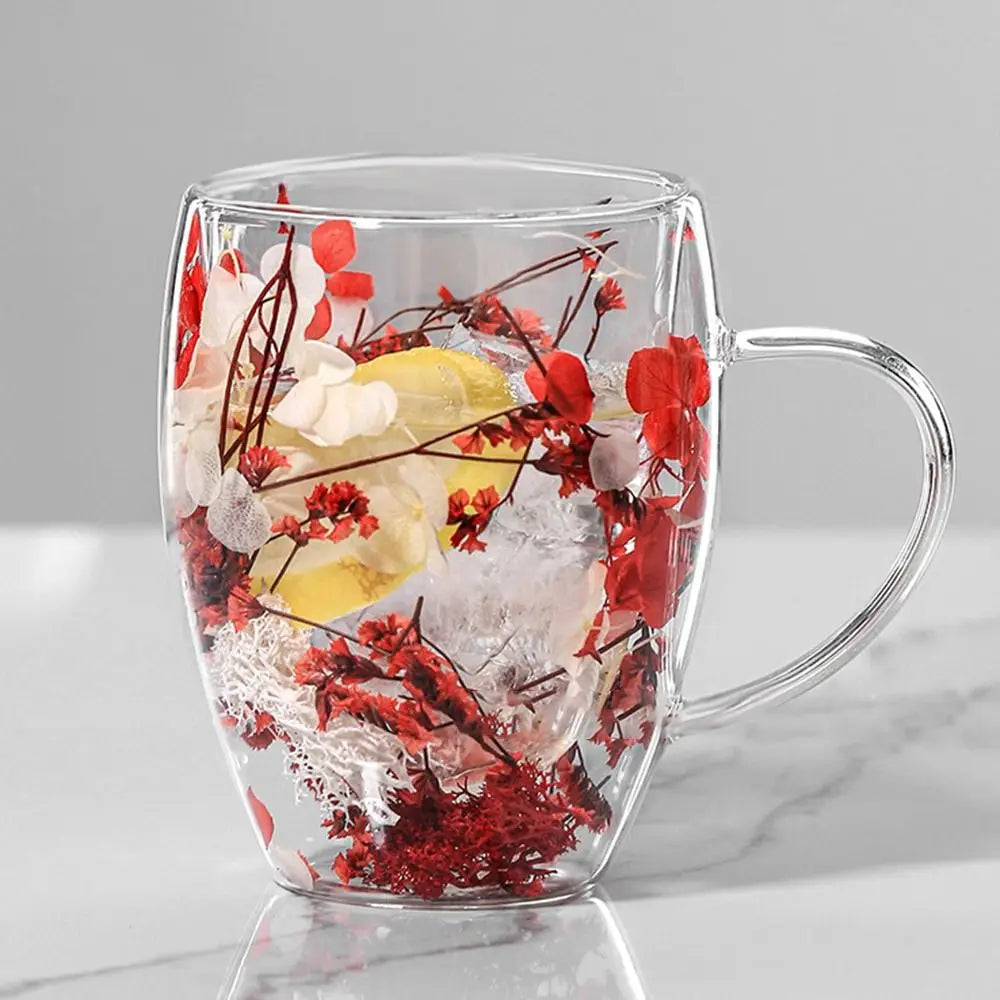 Dried Flowers Double Walled Coffee Mug 350ml Dried Flowers Glass Mugs Unique Creative Flower Mug with Handle Anti-Scalding Mug