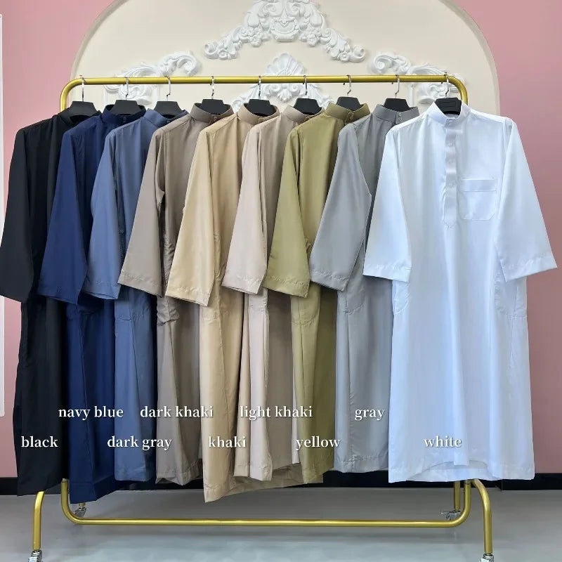 Traditional Qatar Thobe for Men - Stand Collar Pocket Design Arabic Middle East Clothing