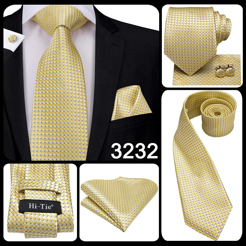 Hi-Tie New Clasic Grey Tie for Men Silk Fabric Jacquard Woven Tie Hanky Cufflinks Set for Men Designer Fashion Silk Ties SN-1466