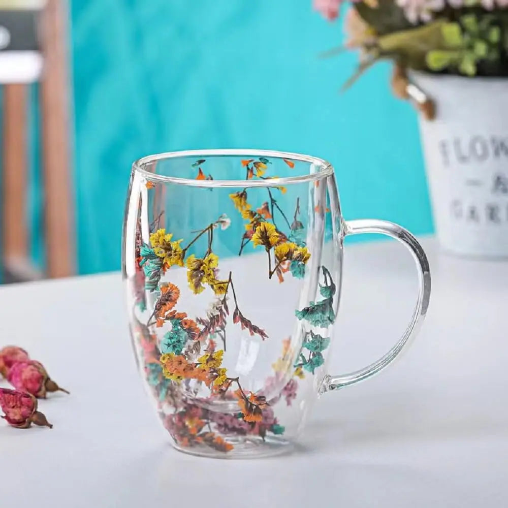 300ML Double-Wall Flower Glass Coffee Mug High Borosilicate Transparent Tea Milk Drinking Cup with Dry Flower Design for Gifts