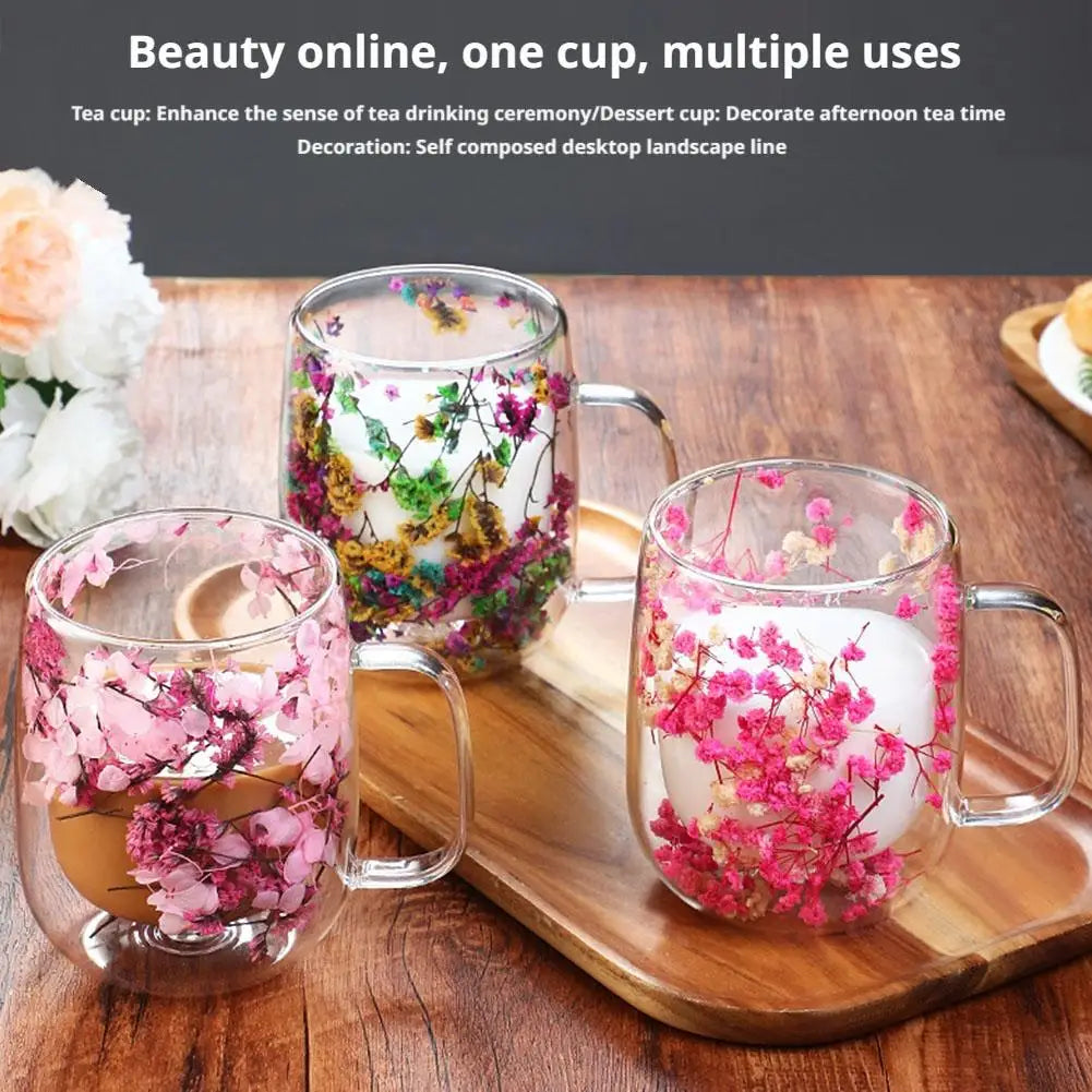 Double Walled Glass Mugs Double Wall Dried Flower Cup For Coffee Heat Resistant Dried Flower Double Wall Glass Mug For Cold
