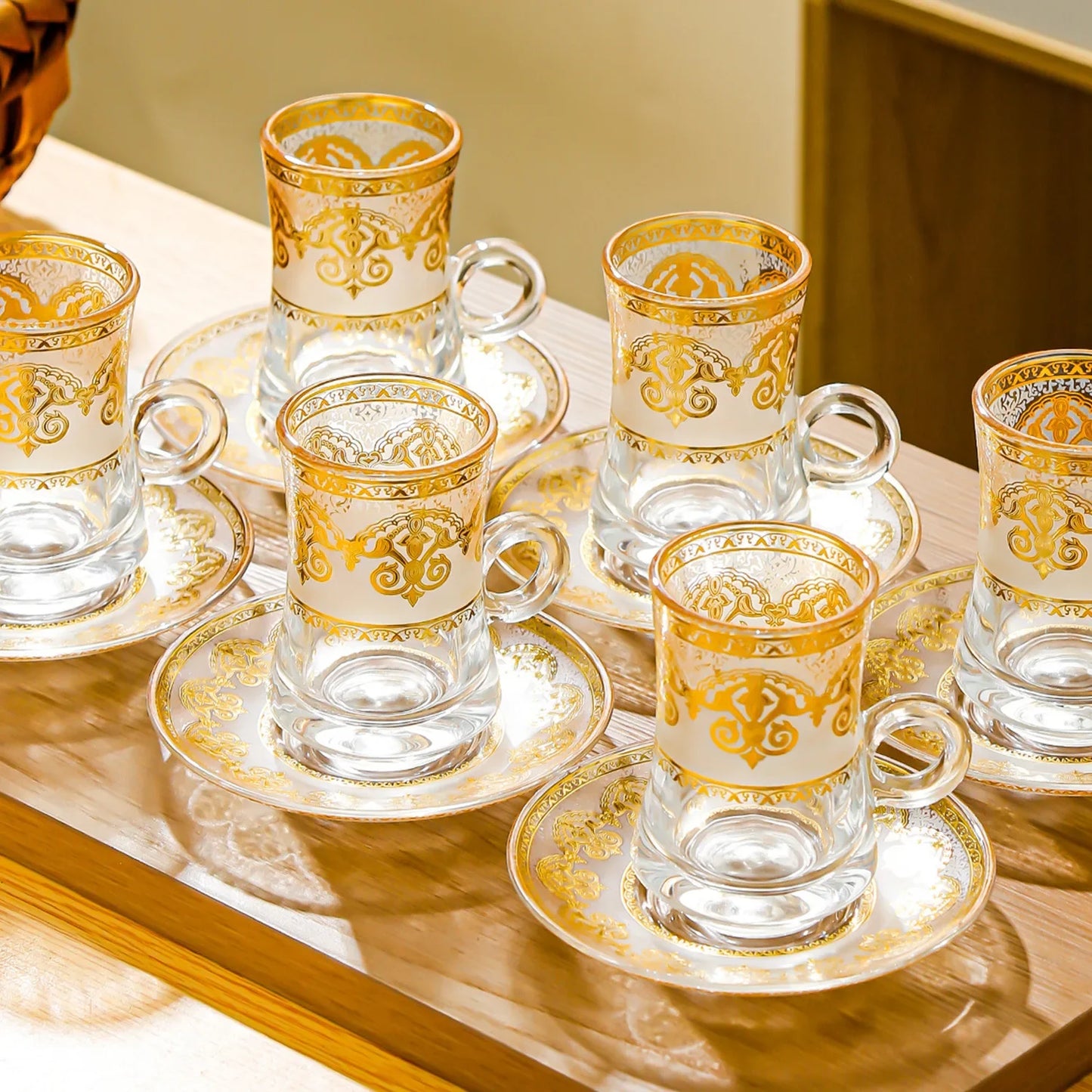 6 Pack Creative Transparent Glass Mug Hot Gold Embossed Flower Glass Coffee Latte Mug