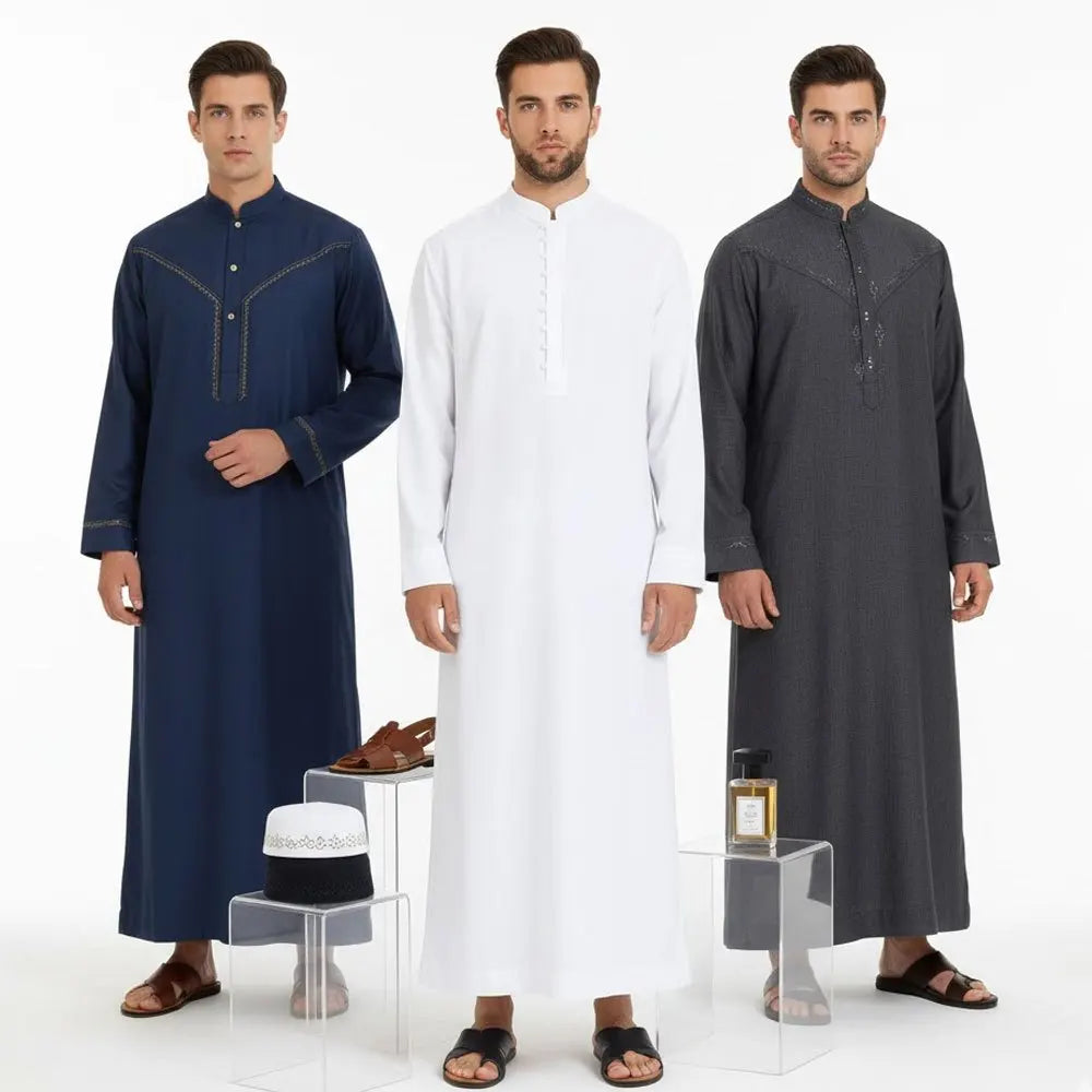 Muslim Robe for Men Loose Silhouette Stand Collar & Crew Neck, Classic Arabic Middle Eastern Traditional Clothing for Daily Wear