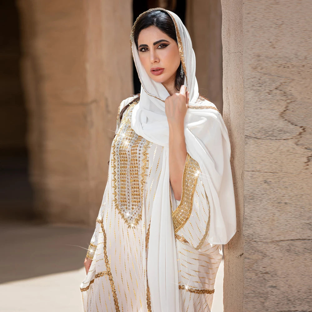 Uni Muslim Women's Gold Sequins Abaya Dress 2025 Bat Sleeve Kaftan Jalabiya for Ramadan Eid Party Islamic Evening Wear