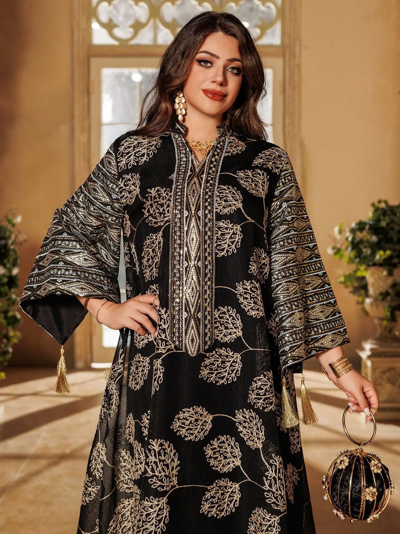 Muslim Women's Light Blue Islamic Embroidered Abaya with Gold Detailing Ideal for Formal Events in Middle East like UAE Saudi