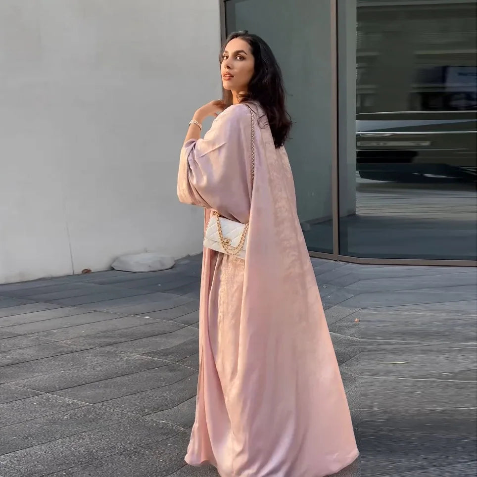 Shiny Satin Open Kimono Abaya 2025 Ramadan Dubai Luxury Muslim Kaftan Dress for Women Islam Clothing Robe Femme Musulmane