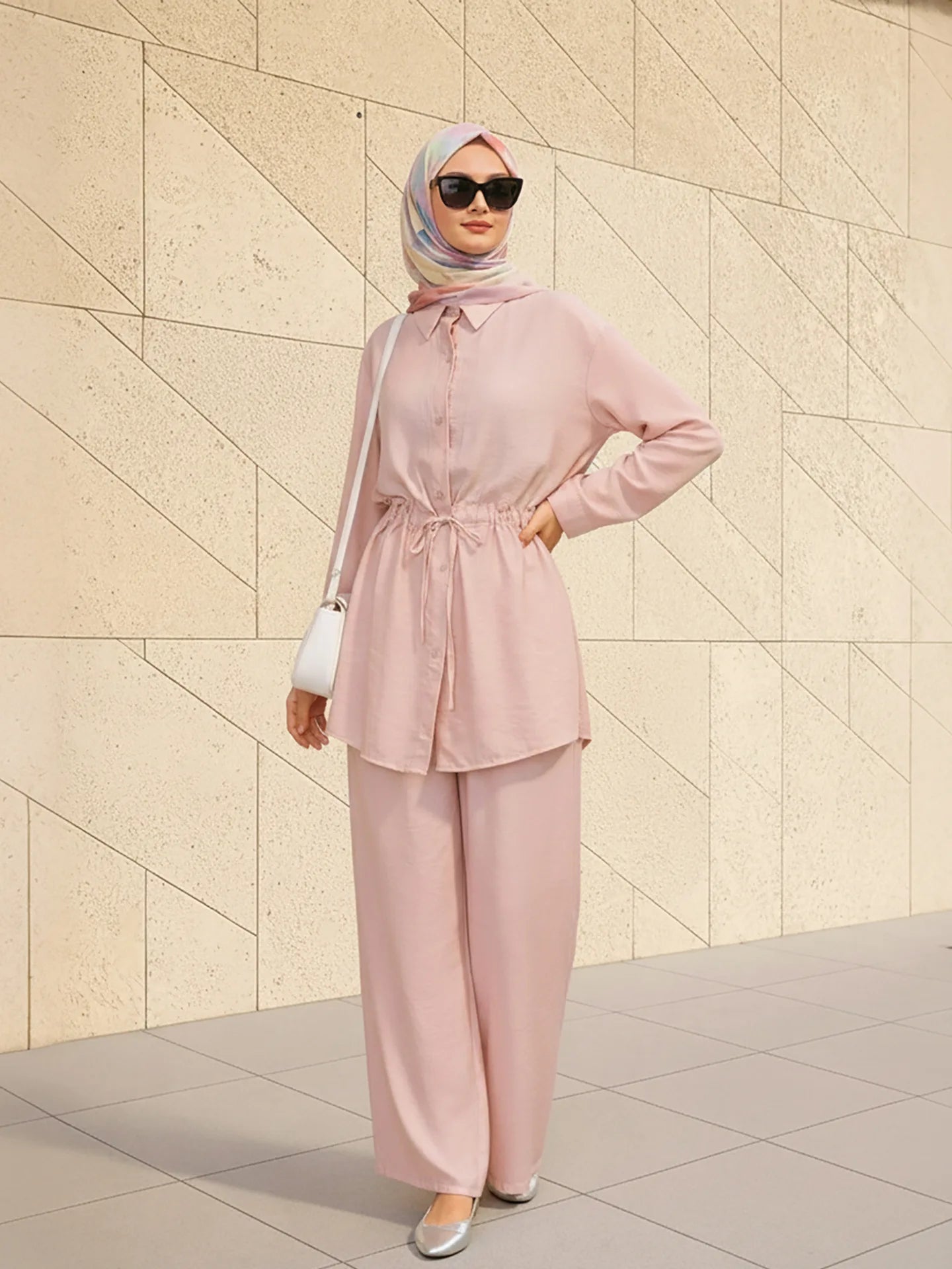 Turn Down Collar Rope Laced 2 Piece Set Women Clothing Wide Leg Pants Ramadan Prayer Dubai Islamic Clothes Turkish Abaya