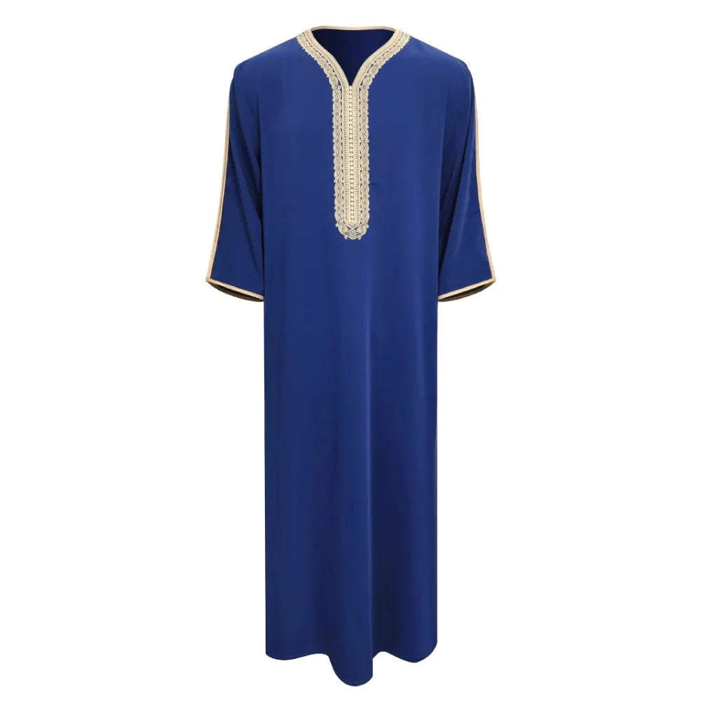 Men's Moroccan Style Thobe - 3/4 Sleeve Arabic Robe with Side Pockets, Ethnic Middle Eastern Loose Fit Muslim Wear