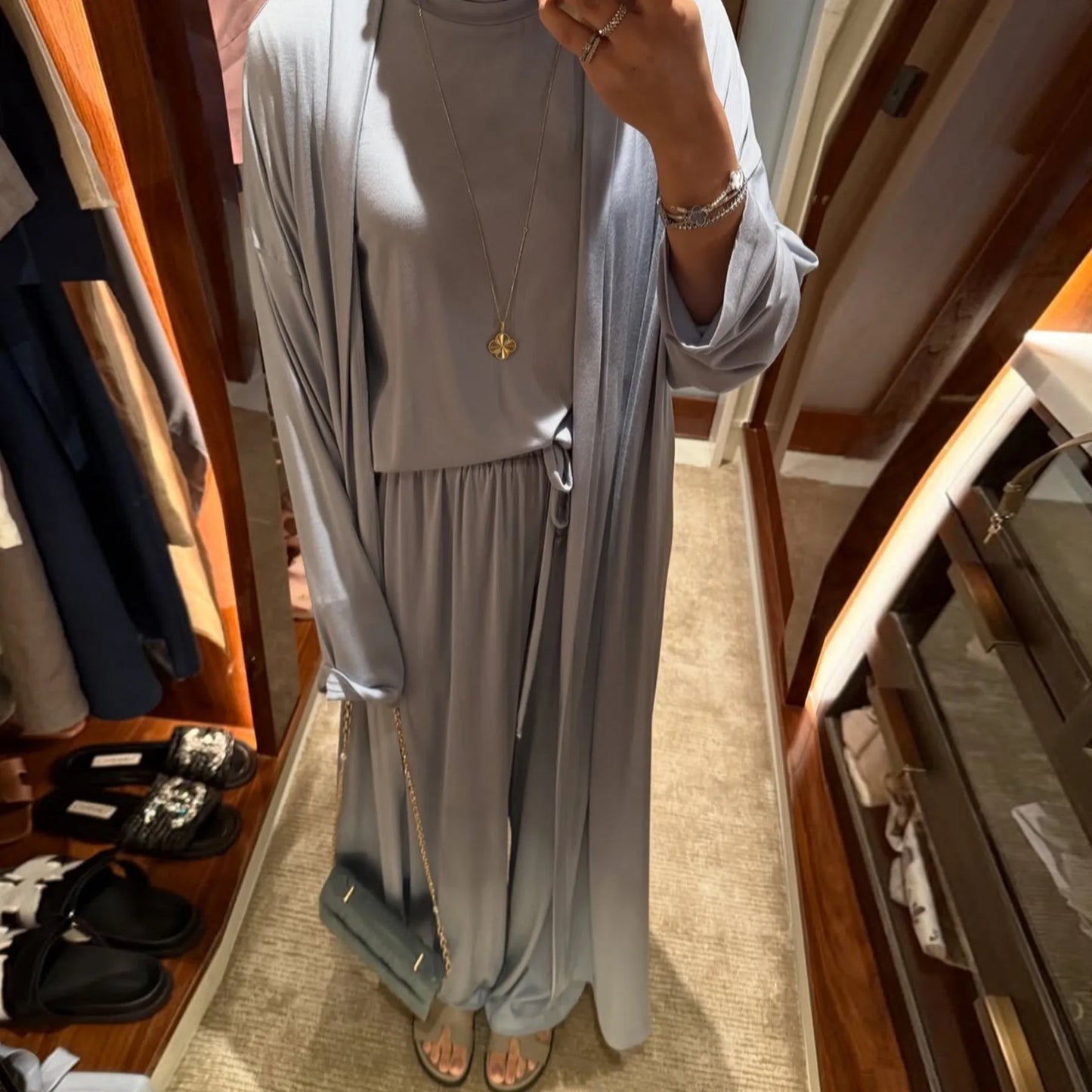 Muslim 3 Piece Set Women Cardigan Shirt Wide Leg Pant Blouse Top Suit Musulman Ensemble Dubai Casual Femme Outfits Solid Casual