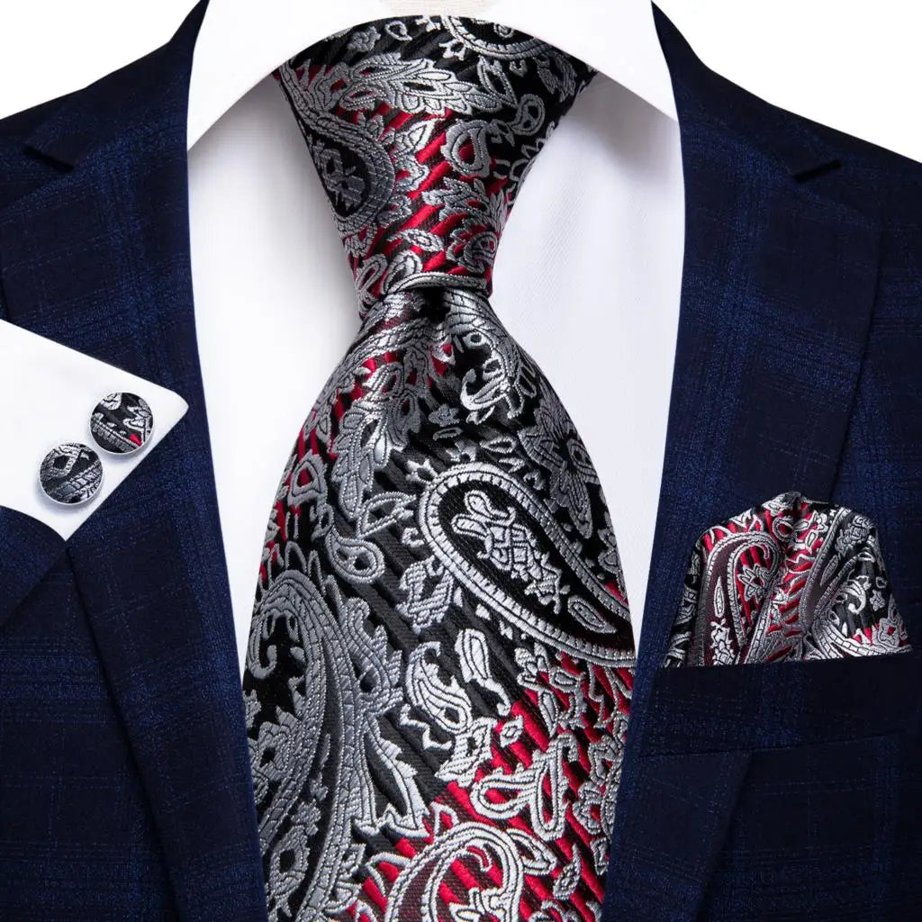 Hi-Tie 100% Silk Luxury Mens Ties Floral Black Gold Ties Paisley NeckTie Pocket Square Cufflinks Set Men's Wedding Party Tie