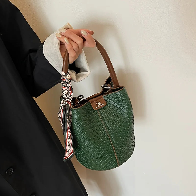 Fashionable Women's Bucket Bag, Stylish Solid Color Woven Effect Handbag Shoulder Bag and Crossbody Bag, Can Be Carried By Hand