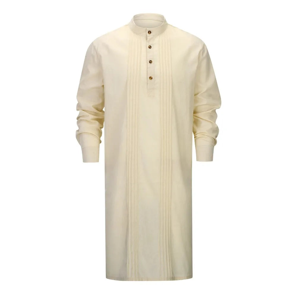 Men's Arabic Style Long Shirt - Minimalist Thobe Robe Shirt, Modern Traditional Muslim Wear for Casual & Prayer