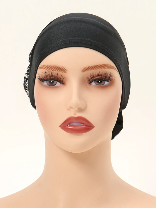 Muslim Hijabs for Women Thin Modal Bottom Hat Scarf  Solid Color Turban with Lace Panhua Islam Head Wrapping Tie Back Headband