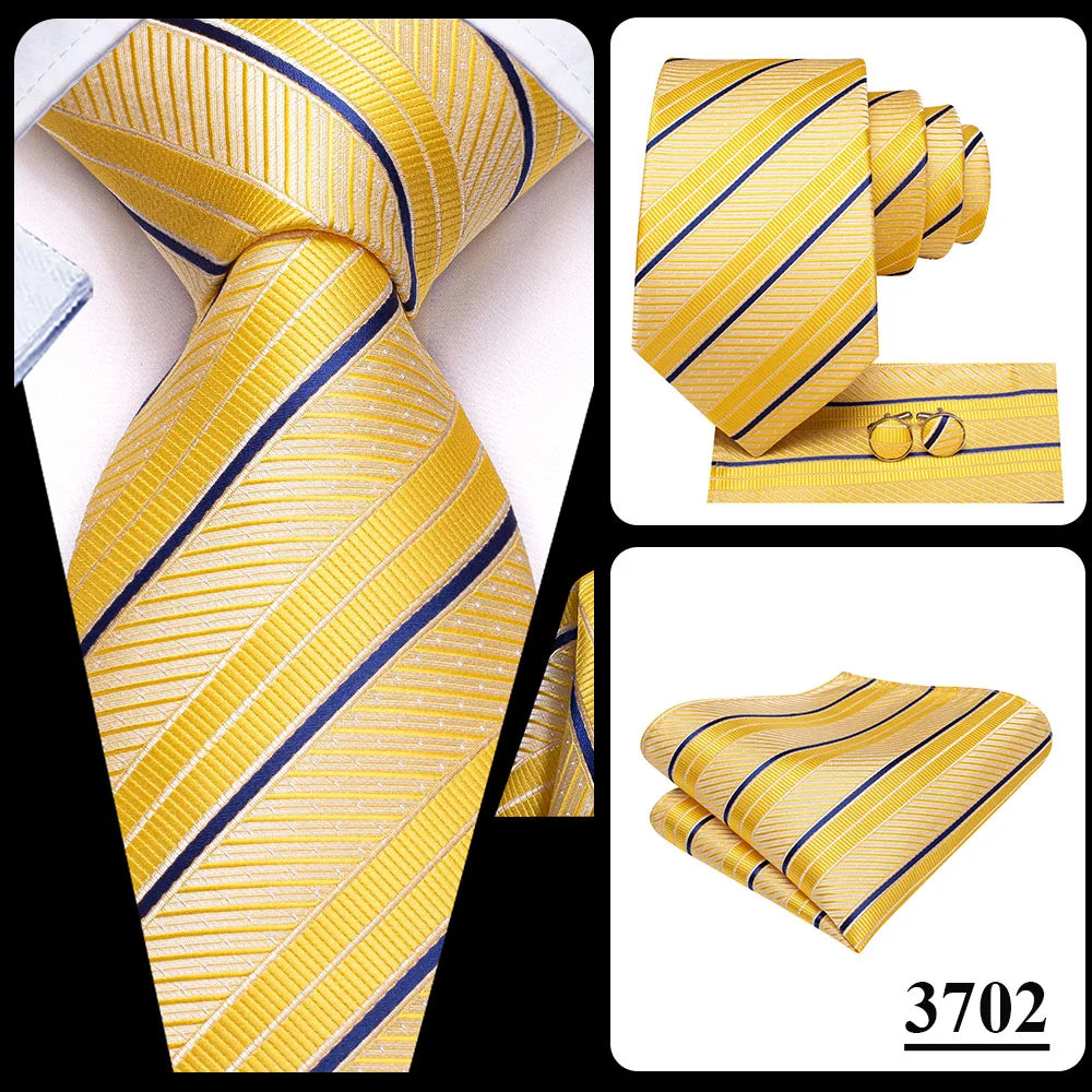 Hi-Tie Men Fashion Striped Navy Blue Necktie Handkerchief Cufflinks for Tuxedo Accessory Classic Silk Luxury Tie for Man Gift