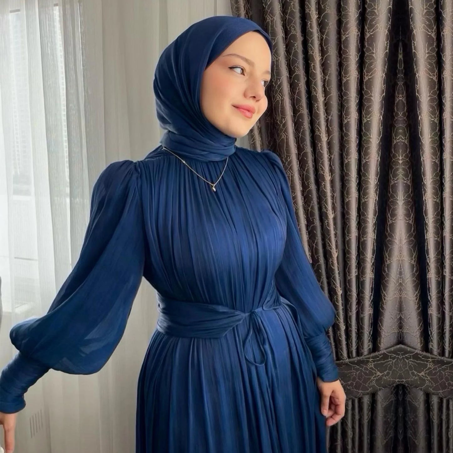Eid Abaya Modest Muslim Dresses for Women Cuff Sleeves Wrinkle Evening Party Maxi Dress Jalabiya Islamic Clothing Kaftan Robe