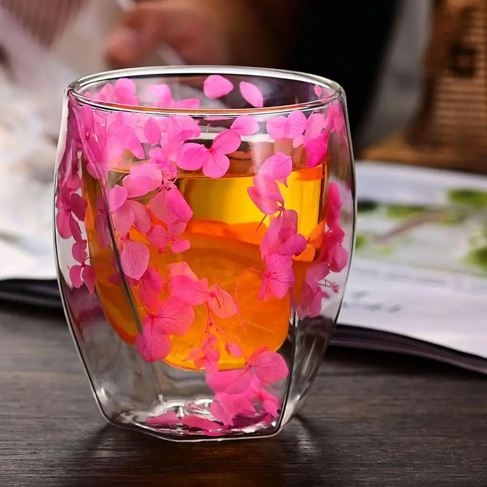 Dried Flower Double Wall Clear Glass Coffee Mugs Dried Flower Decorated Coffee Cup Milk Mug Heat Insulation Coffee Cup 350ml