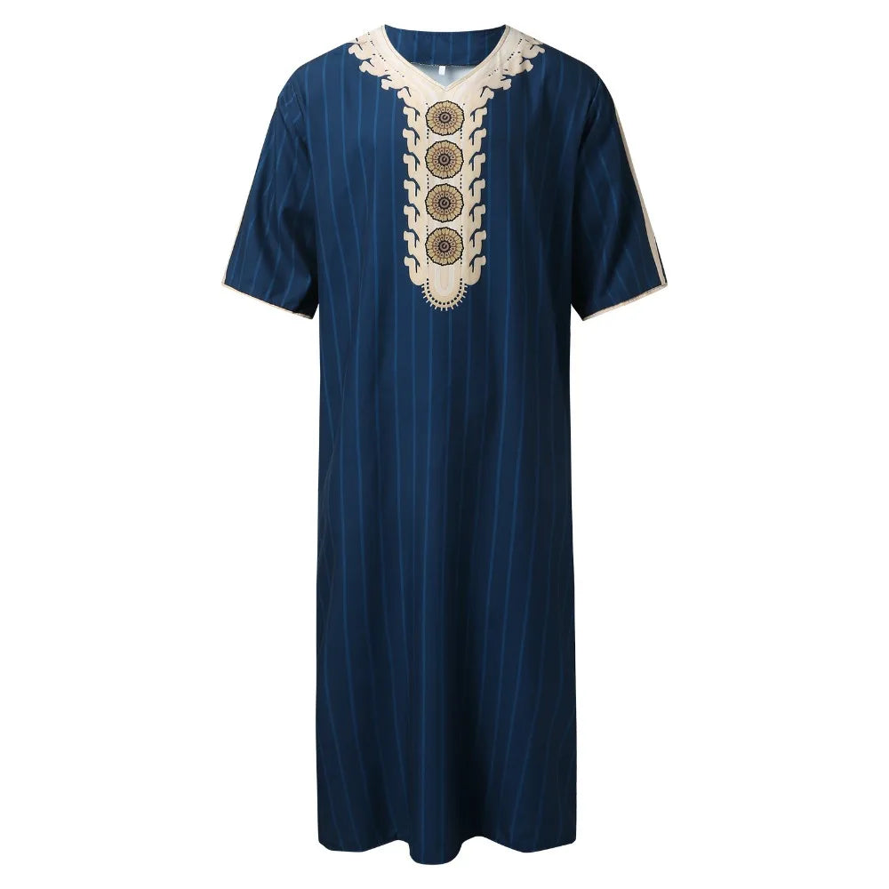 Men's Arabian Thobe - Summer V-Neck Short Sleeve Robe, Loose Fit Muslim Islamic Clothing for Casual Wear