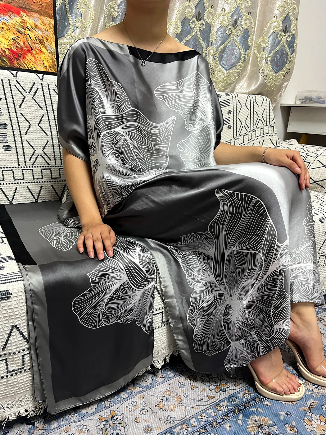 Abayas For Women 2023 Printed Silk Soft Loose Femme Robe Muslim Summer Fashion Clothing African Islam Woman Dresses With Turban
