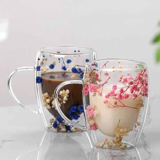 350ml Dried Flower Double Walled Glass Mug Cup Coffee Mug with Dry Flowers Decorative Creative Flower Mug Double Wall Flower Cup