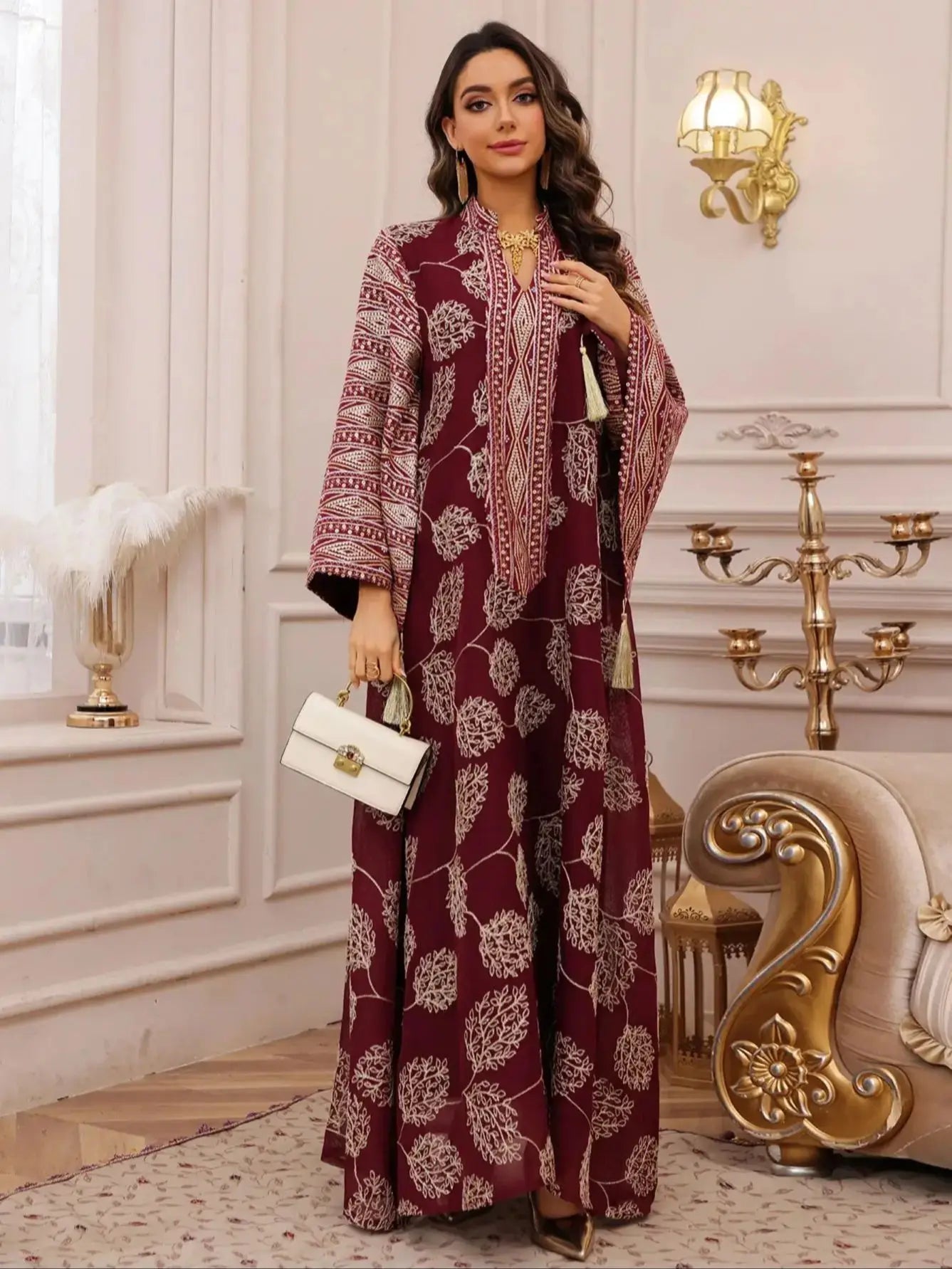 Muslim Women's Light Blue Islamic Embroidered Abaya with Gold Detailing Ideal for Formal Events in Middle East like UAE Saudi