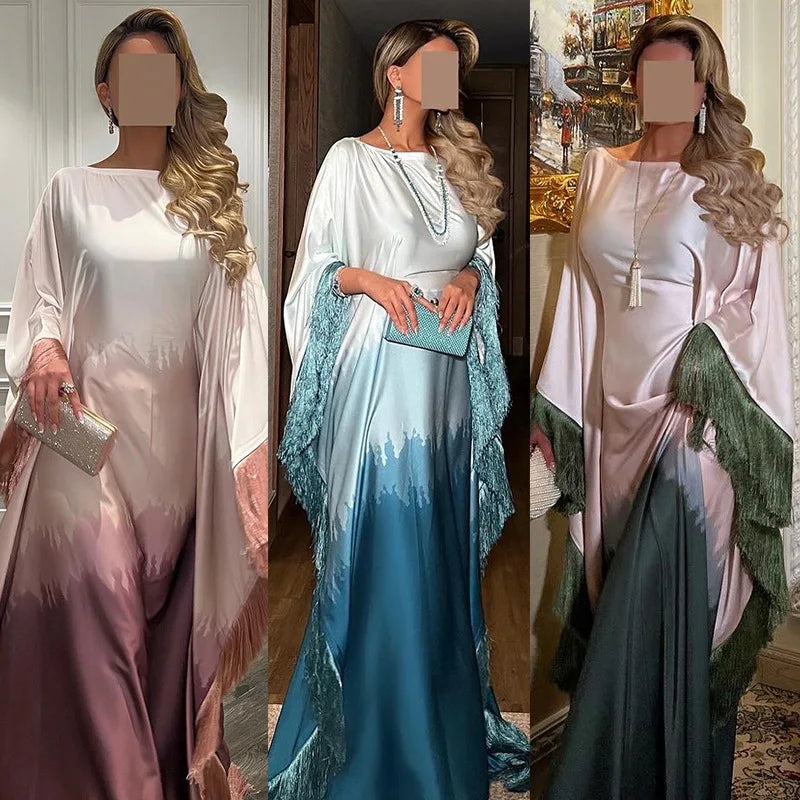Modest Muslim Batwing Sleeve Gradient Color Tassel Kaftan Eid Al Adha Party Evening Dresses Moroccan Turkey Dubai Abaya Islam