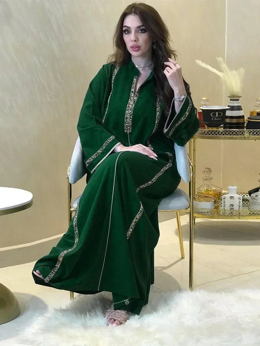 Ramadan Abaya Femme Musulmane Moroccan Kaftan for Woman Fashion Solid Diamonds Full Sleeve Loose Turkish Dubai Robe