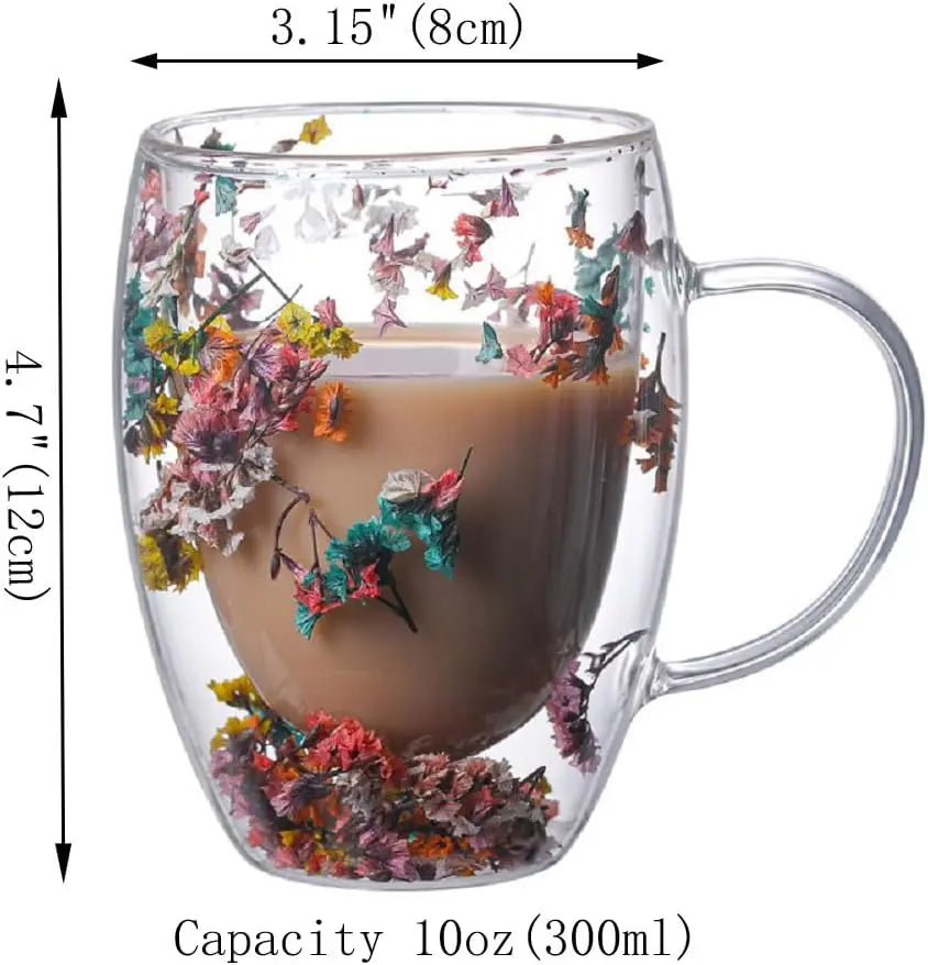 300ML Double-Wall Flower Glass Coffee Mug High Borosilicate Transparent Tea Milk Drinking Cup with Dry Flower Design for Gifts