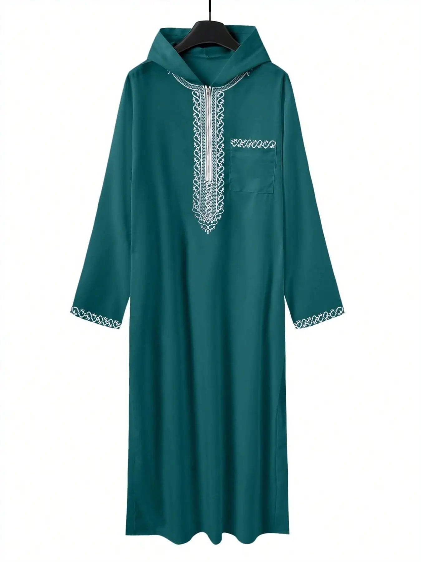 Muslim Men's Black Hooded Zippered Embroidered Robe for Festival Prayer And Worship Clothing