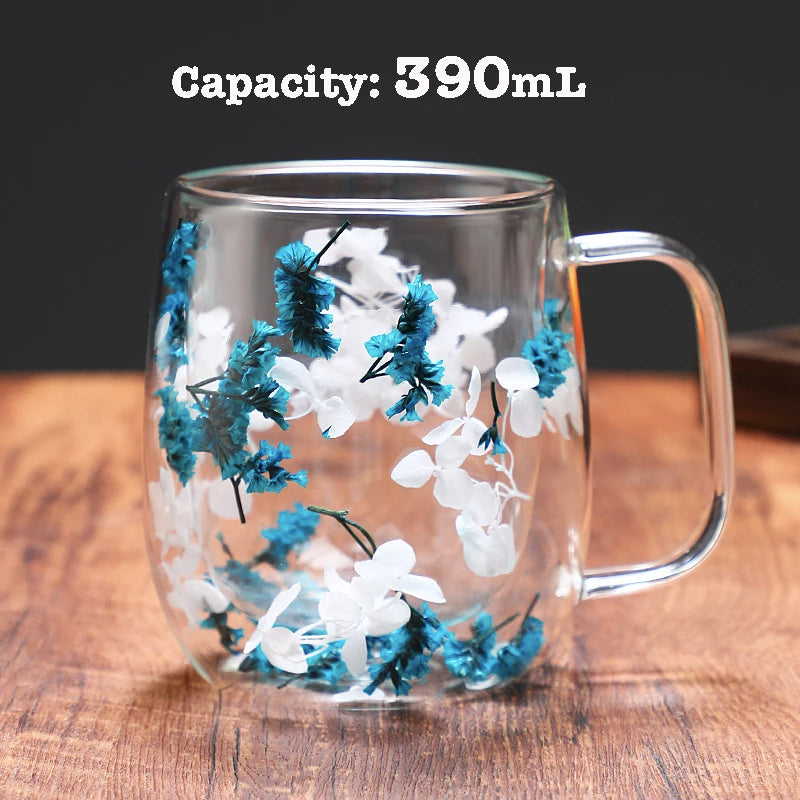 Dried Flower Coffee Mug Double Wall Glass Cup Home Party Cups Cafe Tea Milk Juice Cups For Mother Gift Girls Christmas Gifts