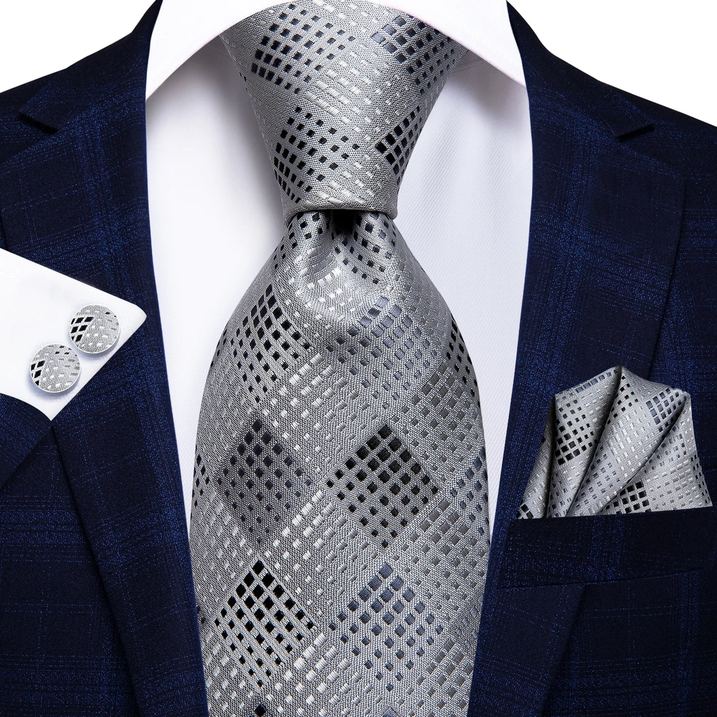 Hi-Tie Fashion 8.5cm Black Plaid Dots Men's Elegant Tie Handkerchief Cufflinks Set Wedding Party Accessories Gift for Men Gravat