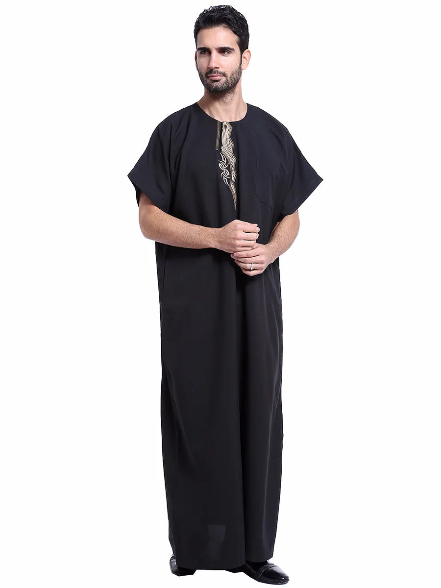 Muslim Kaftan for Men Round Collar Blue White Spring Elegant Robe Arab Vintage Long Sleeves Thobe Robe Turkey Embroidered