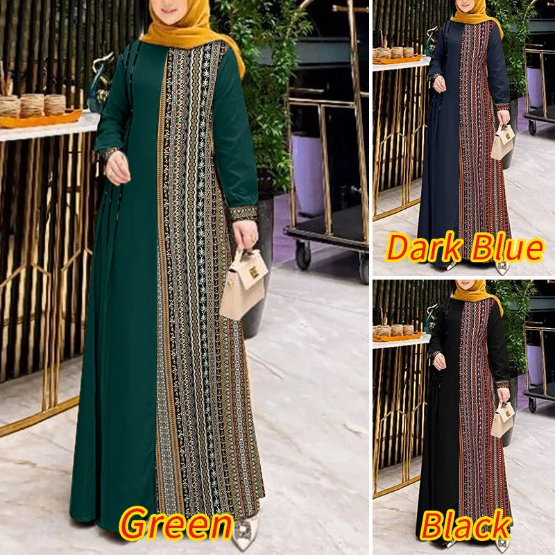 ZANZEA Women Ethnic Printed Panels Maxi Dress Long Sleeve Hijab O Neck Muslim Islamic Patchwork Vestidos Loose Casual Abaya Robe