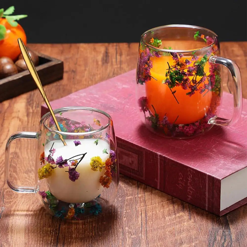 Coffee Mug Double Wall Dried Flower Cup for Coffee Glass Beverage Glasses Tea Mug for Tea Cappuccino Cold Drink flower glass