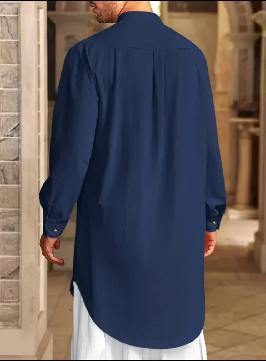 2025 New Muslim Middle East Arab Malaysia Men's Button Cotton Line Shirt Muslim Robe