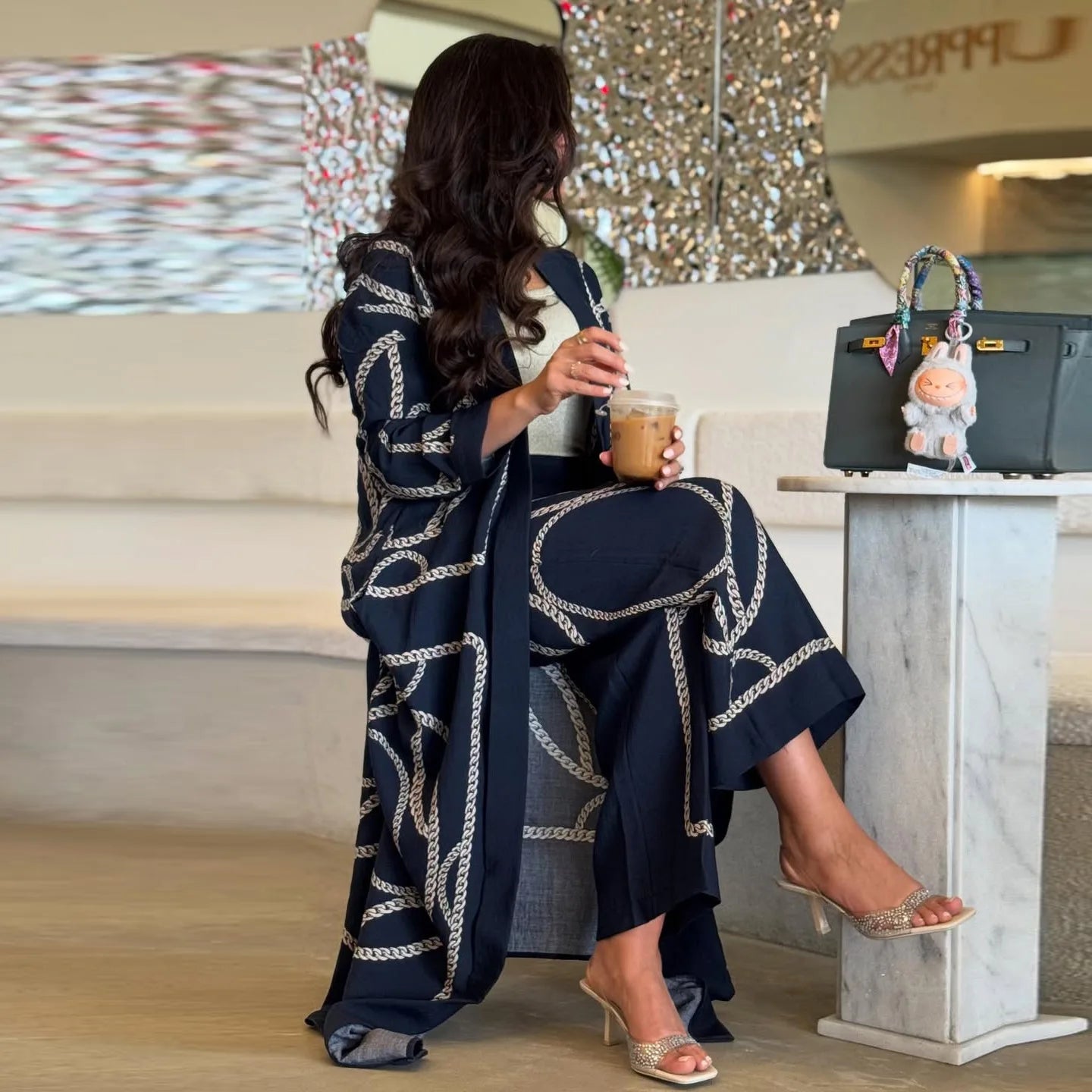 2 Piece Muslim Sets Women 2026 Eid Casual Abaya Print Long Caot+Pants Suits Kimono Ramadan 2pcs Set Jilbab Kebaya Islam Clothing