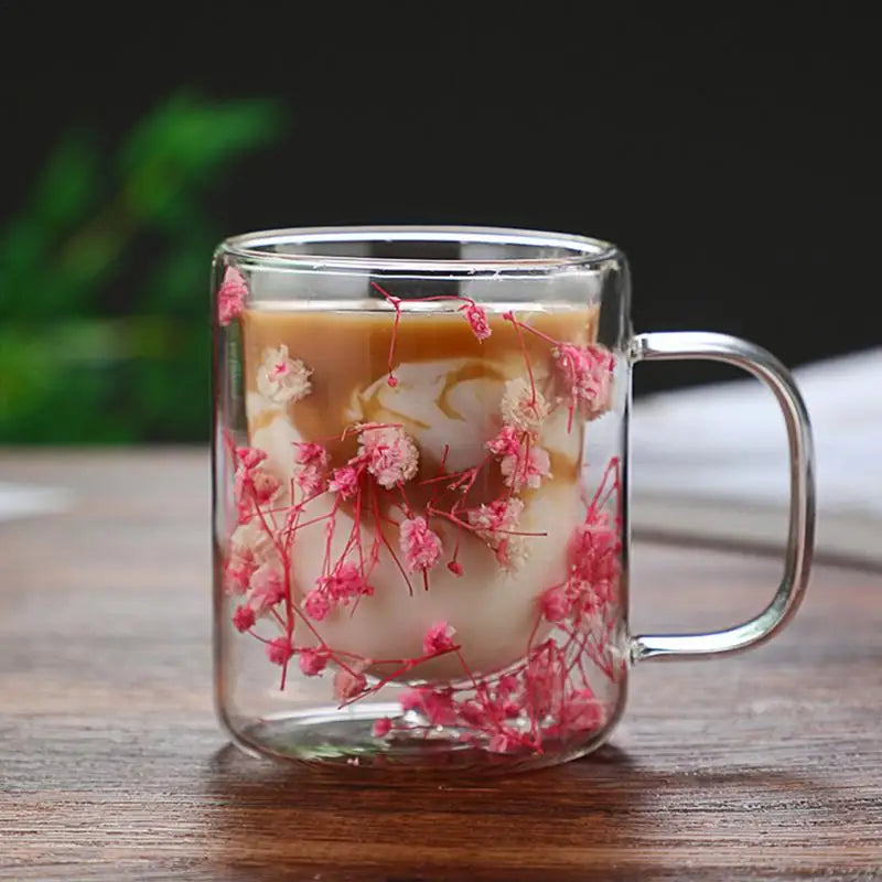 250ml Double Wall Glass Coffee Mug Dried Flowers Heat-Resistant Glasses Cup Flower Glass Mug Flower Decorated Coffee Cup tea cup