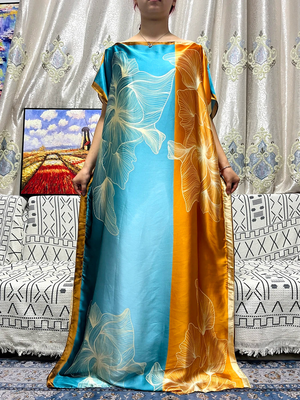 Abayas For Women 2023 Printed Silk Soft Loose Femme Robe Muslim Summer Fashion Clothing African Islam Woman Dresses With Turban