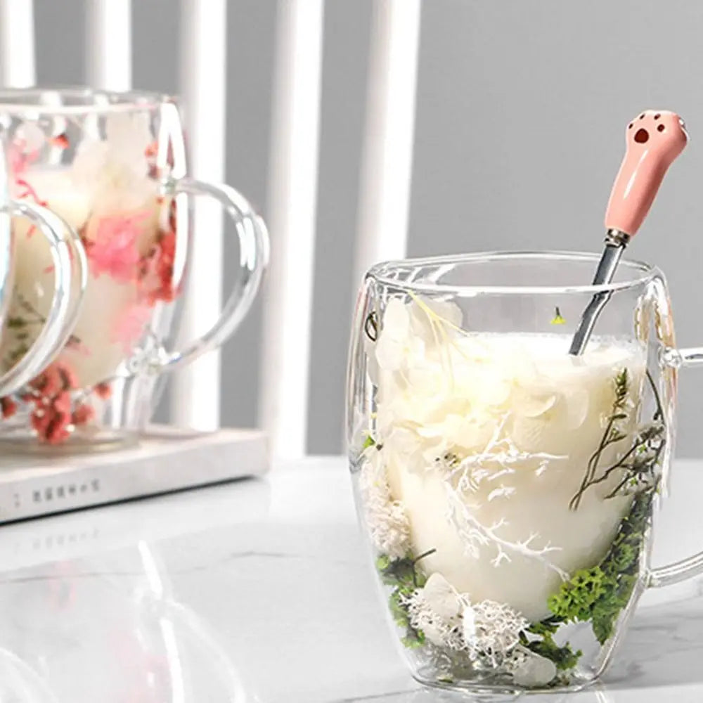 Dried Flowers Double Walled Coffee Mug 350ml Dried Flowers Glass Mugs Unique Creative Flower Mug with Handle Anti-Scalding Mug
