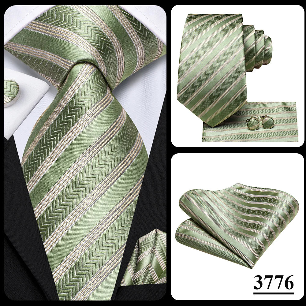 Hi-Tie Men Fashion Striped Navy Blue Necktie Handkerchief Cufflinks for Tuxedo Accessory Classic Silk Luxury Tie for Man Gift