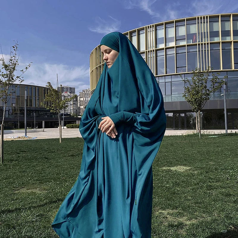 2PCS Women Eid Hooded Muslim Hijab Dress Set Prayer Garment Robes Abaya Khimar Full Cover Ramadan Gown Abayas Islamic Clothing