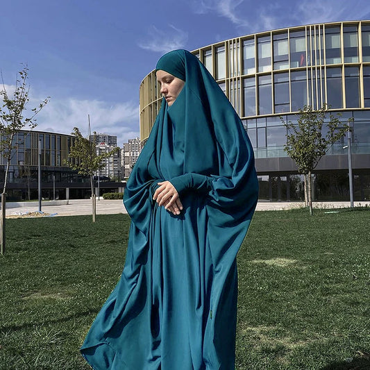2PCS Women Eid Hooded Muslim Hijab Dress Set Prayer Garment Robes Abaya Khimar Full Cover Ramadan Gown Abayas Islamic Clothing