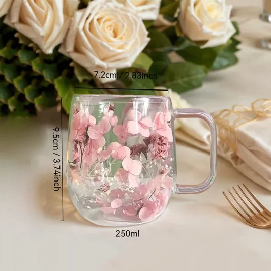 1pc Double-walled Glass Coffee Mug With A Real Flower Design Inside, Suitable For Coffee, Milk, And Other Beverages.