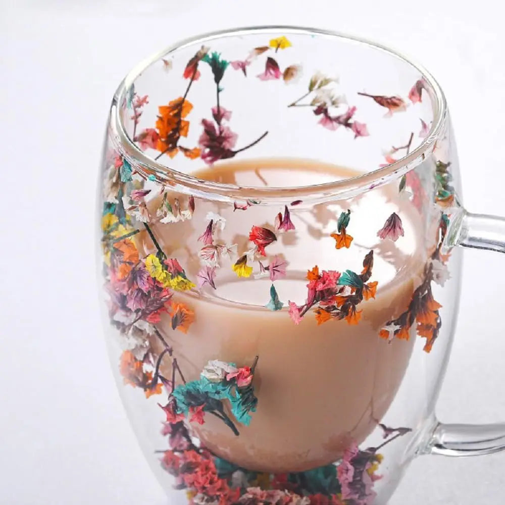 300ML Double-Wall Flower Glass Coffee Mug High Borosilicate Transparent Tea Milk Drinking Cup with Dry Flower Design for Gifts
