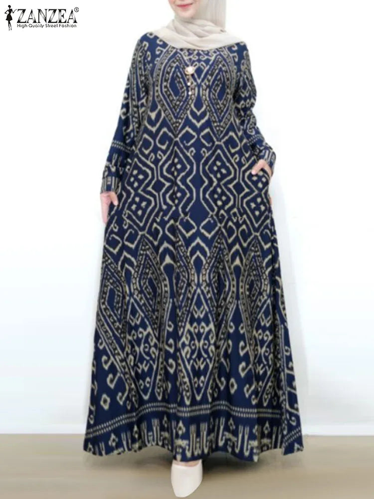 ZANZEA Elegant Maxi Dress Fashion Turkey Muslim Abaya Robe Femme Vintage Long Sleeve Kaftan Printed Vestidos IsIamic Clothing