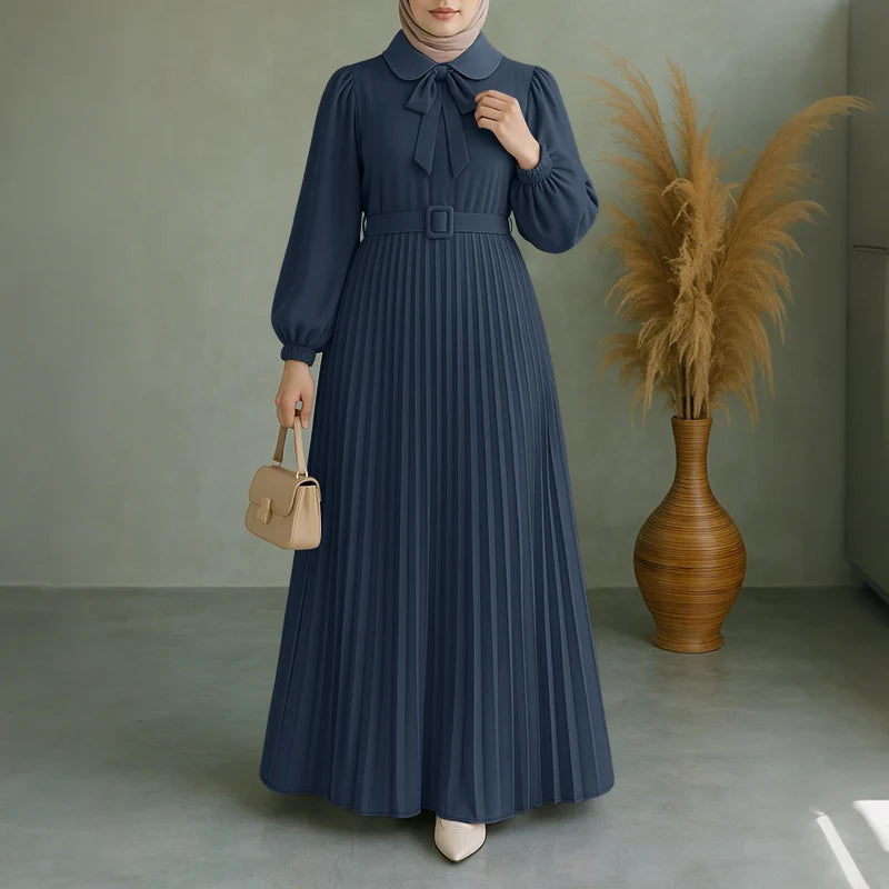 Elegant Muslim Dress Abaya ZANZEA Women 2025 Autumn Dresses Long Lantern Sleeve Pleated Sundress Belted Robe Femme Party Vestido